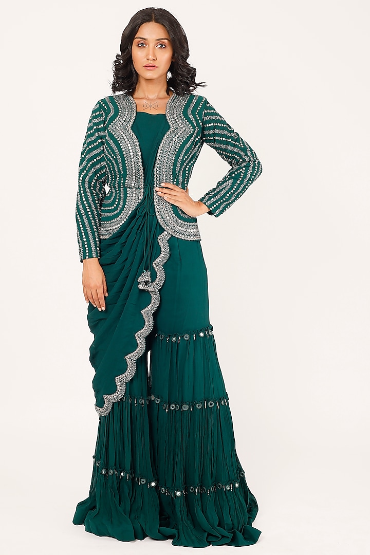Bottle Green Embroidered Draped Saree Set by Onaya