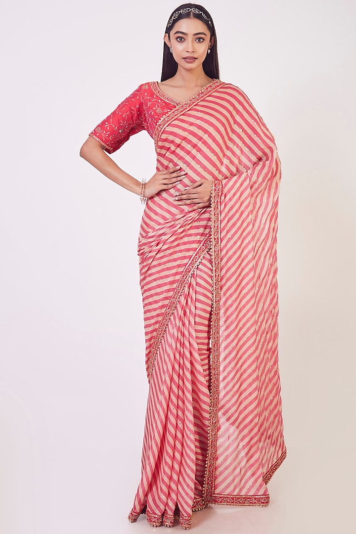 Pink Chiffon Printed Saree Set by Onaya at Pernia's Pop Up Shop