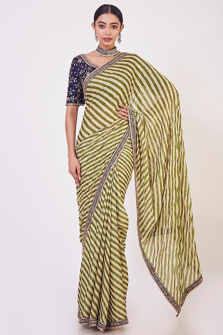 Green Chiffon Printed Saree Set by Onaya at Pernia's Pop Up Shop