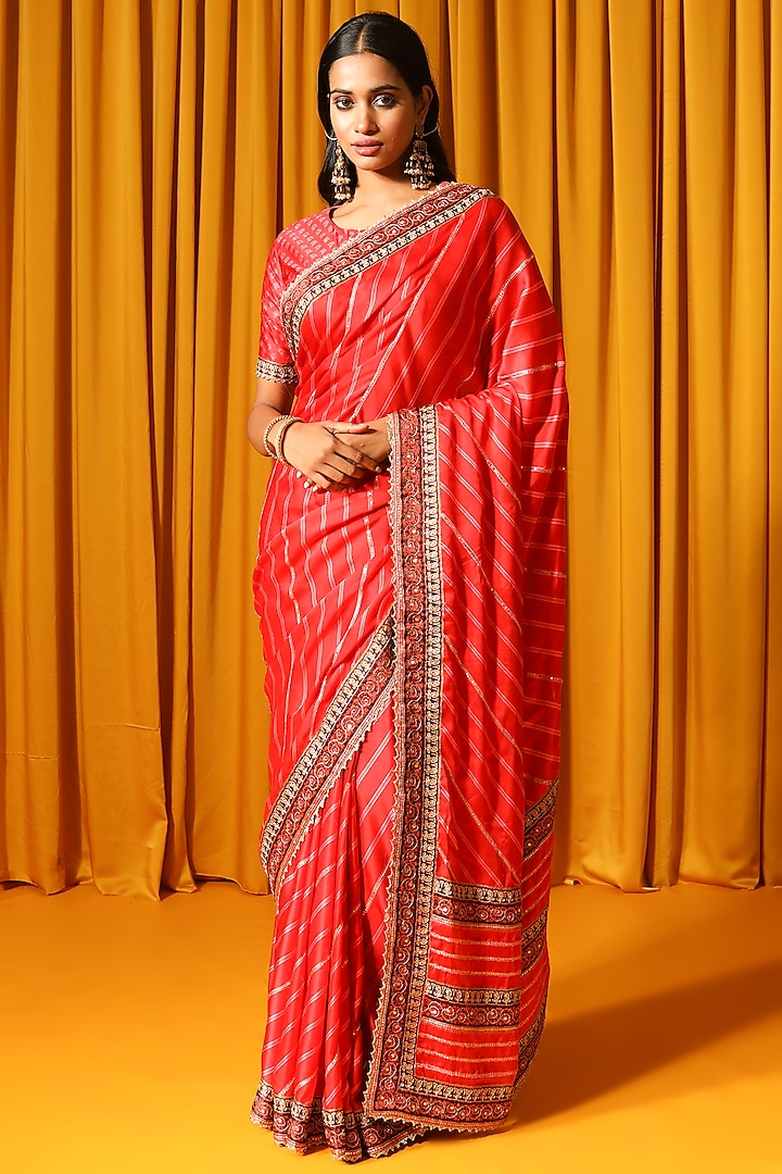 Red Handloom Embroidered Saree Set by Onaya