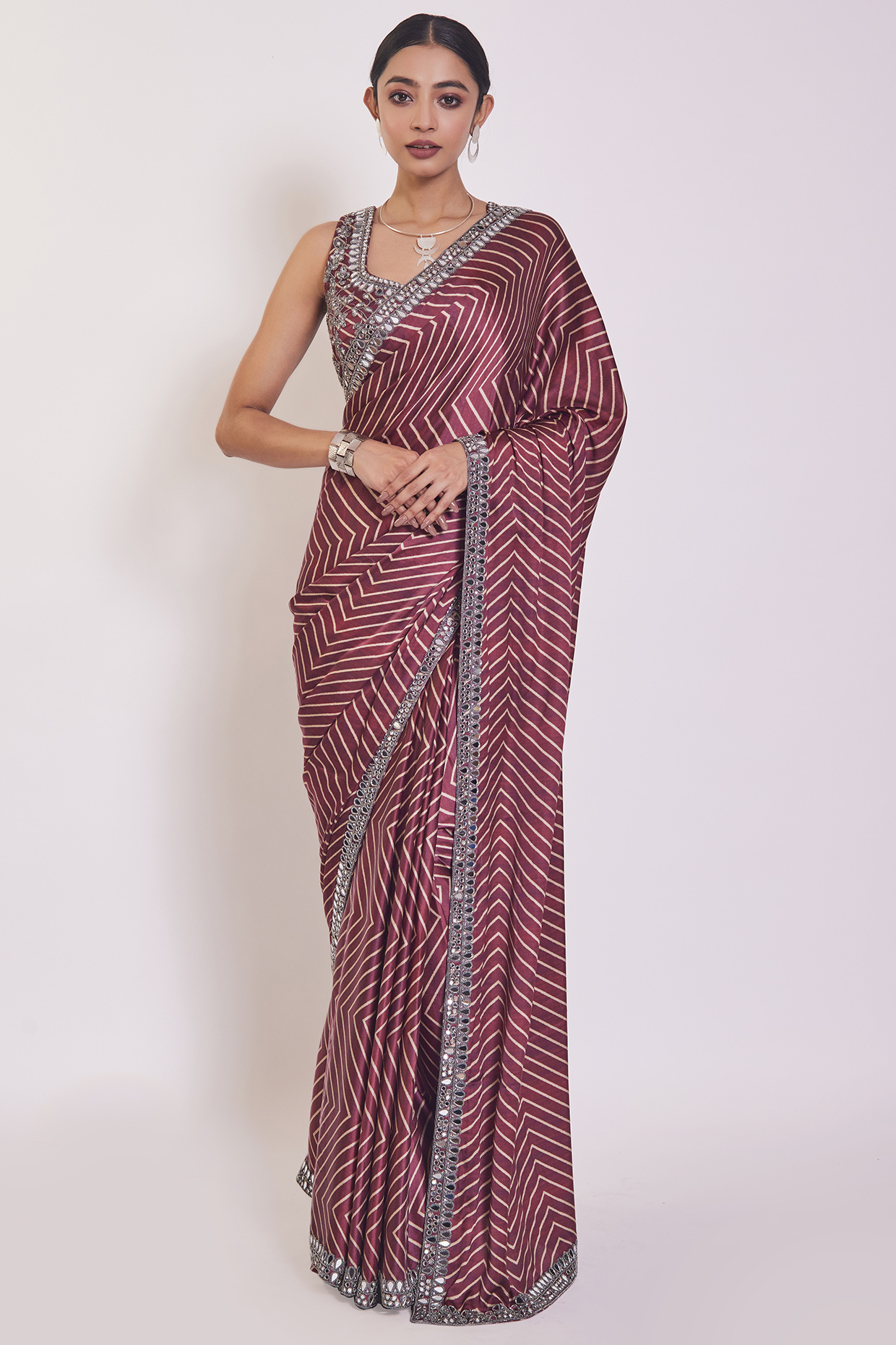 Red Satin Printed Saree Set by Onaya