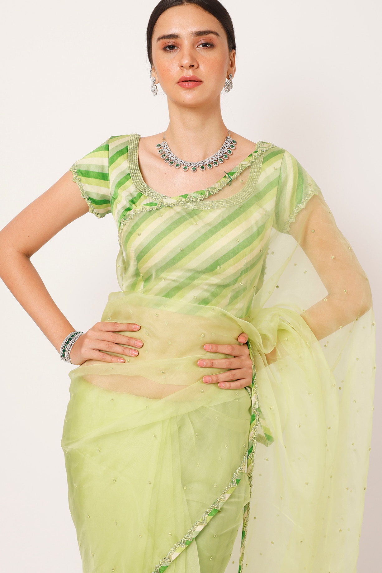 Lemon Yellow & Green Organza Saree Set by Onaya at Pernia's Pop Up Shop ...