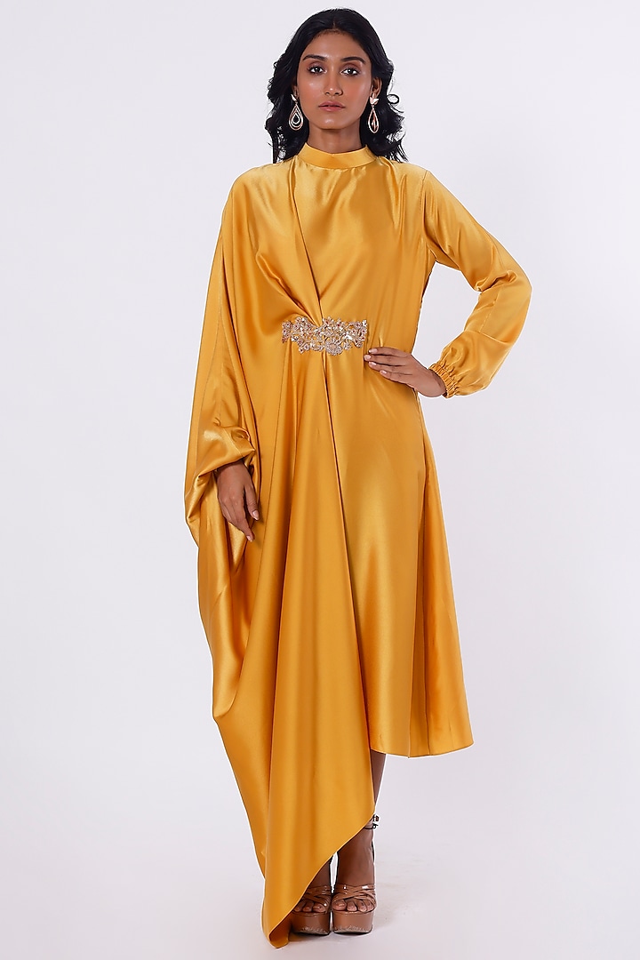 Yellow Satin Draped Maxi Dress by Onaya
