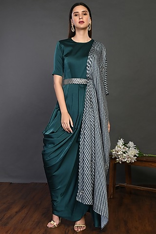 Bottle Green Satin Maxi Dress With Belt by Onaya