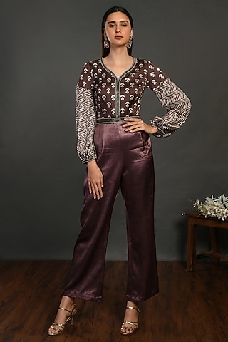 Brown Satin Jumpsuit With Belt by Onaya