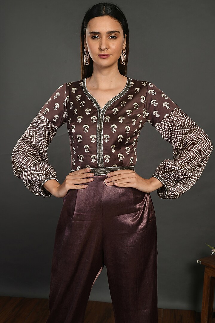 Brown Satin Jumpsuit With Belt by Onaya at Pernia's Pop Up Shop