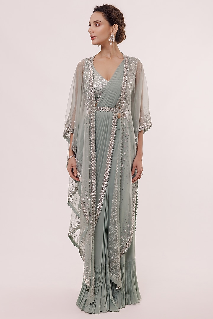 Aqua Blue Georgette Embellished Pre-stitched Jacket Party Wear Saree Set by Onaya at Pernia's Pop Up Shop