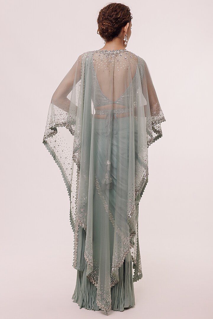 Aqua Blue Georgette Embellished Pre-stitched Jacket Party Wear Saree Set by Onaya at Pernia's Pop Up Shop