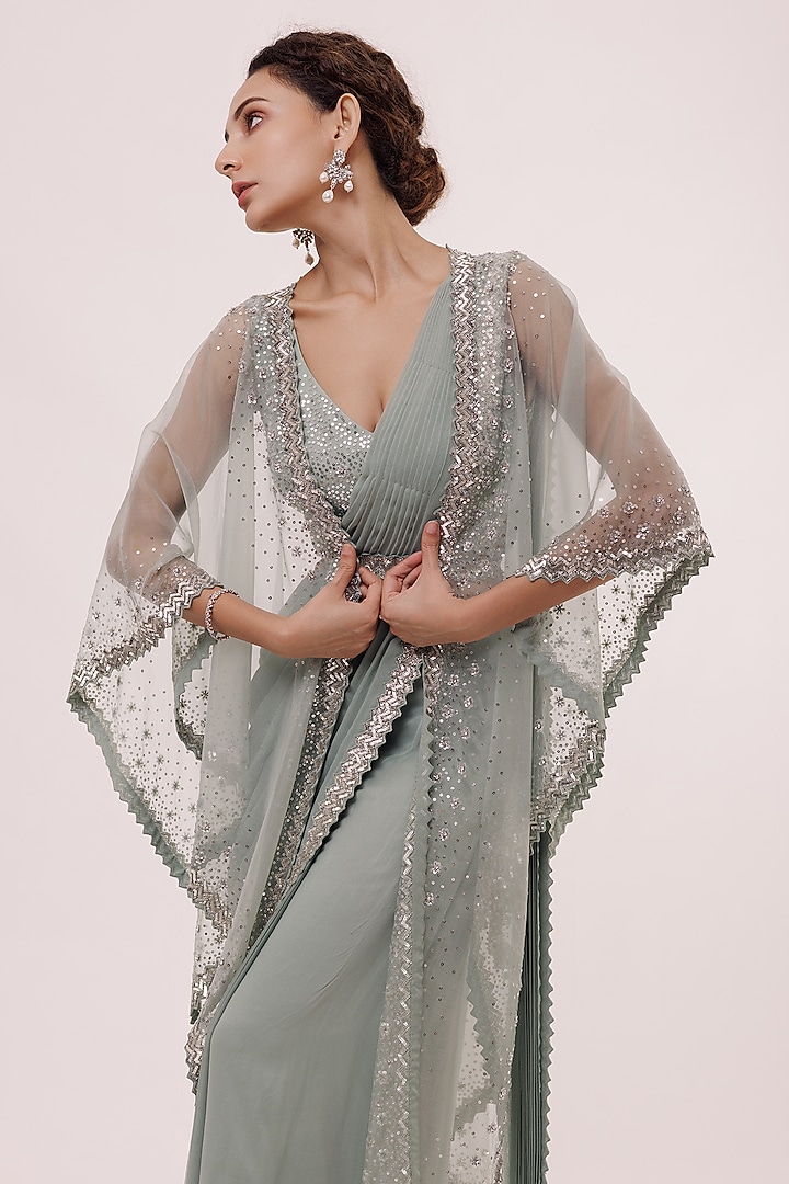Aqua Blue Georgette Embellished Pre-stitched Jacket Party Wear Saree Set by Onaya at Pernia's Pop Up Shop