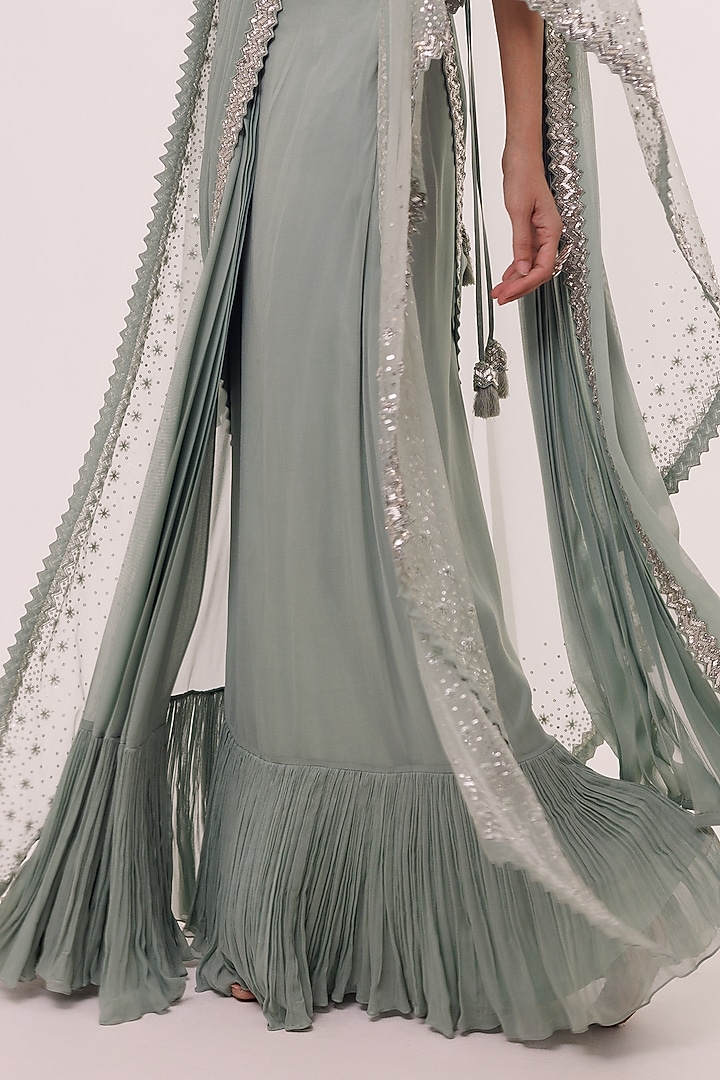 Aqua Blue Georgette Embellished Pre-stitched Jacket Party Wear Saree Set by Onaya at Pernia's Pop Up Shop