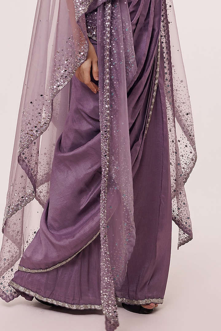 Lavender Russian Silk Embellished Pre-stitched Jacket Party Wear Saree Set by Onaya at Pernia's Pop Up Shop
