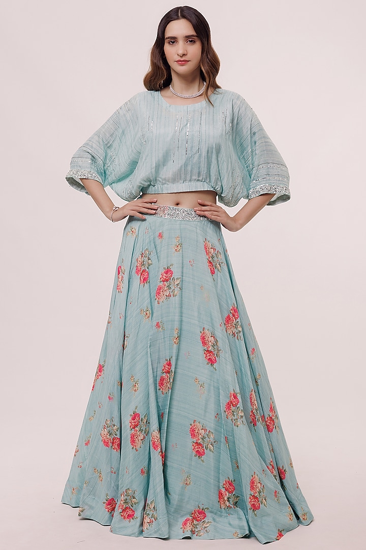 Sea Green Muslin Floral Printed Skirt Set by Onaya