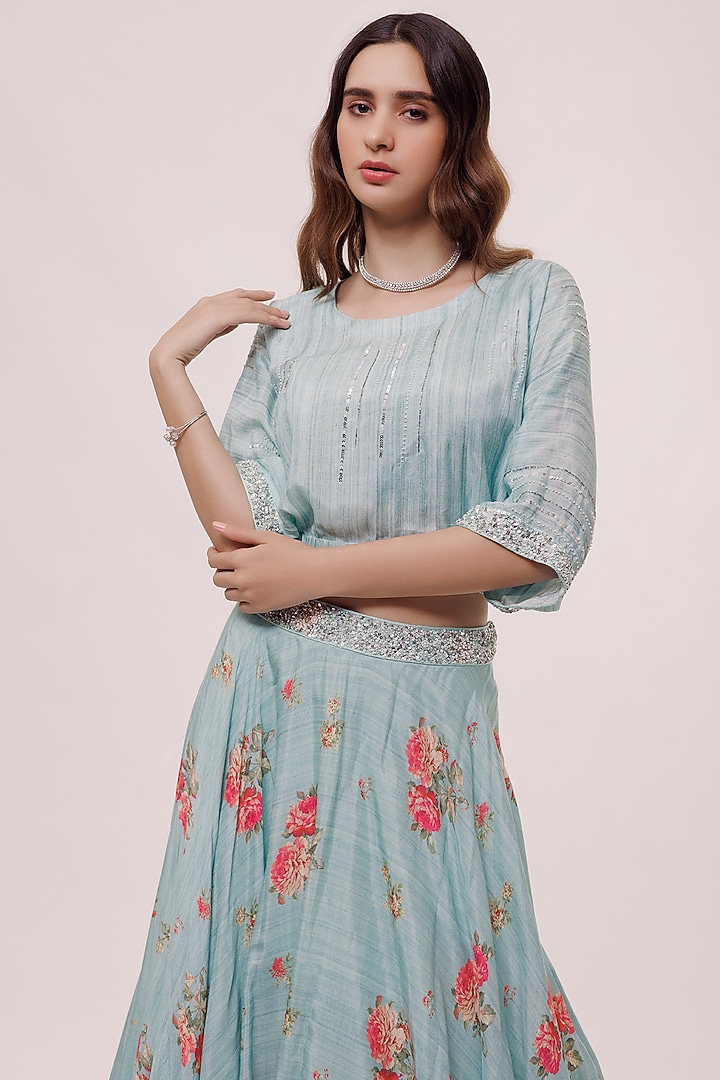 Sea Green Muslin Floral Printed Skirt Set by Onaya at Pernia's Pop Up Shop
