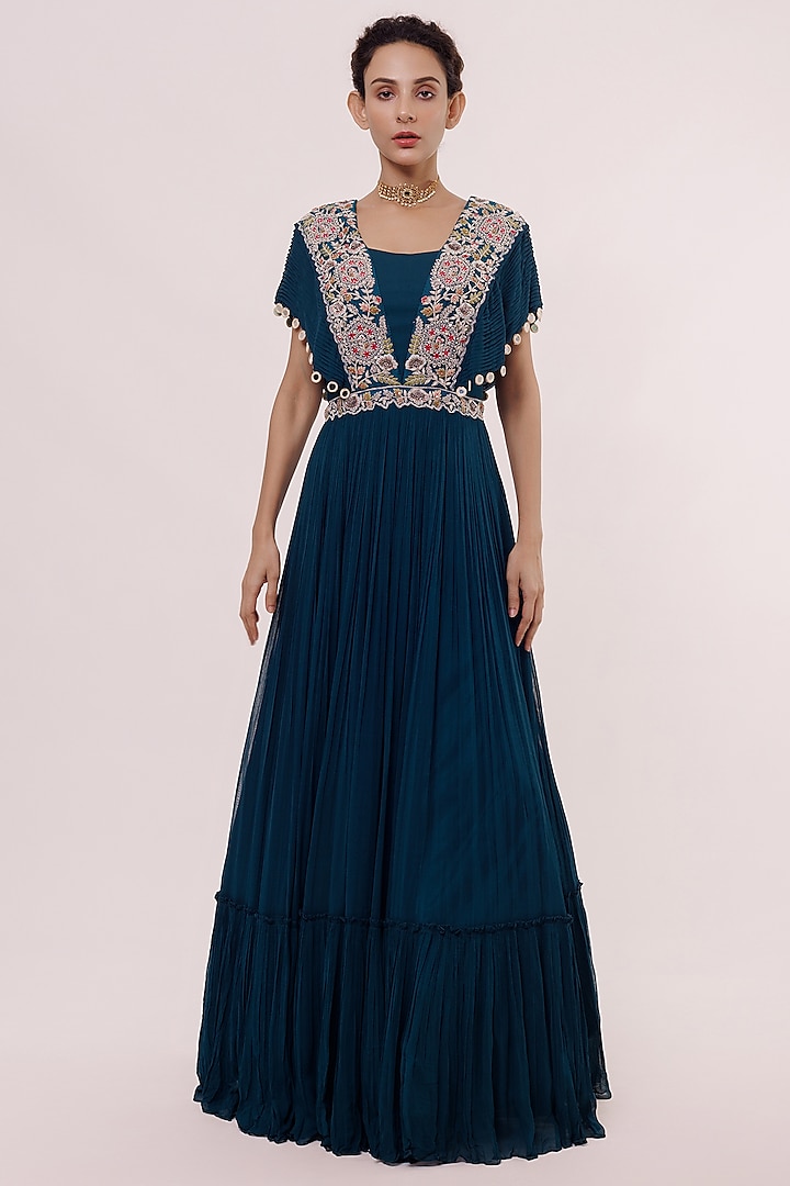 Teal Blue Georgette Embroidered Gown by Onaya