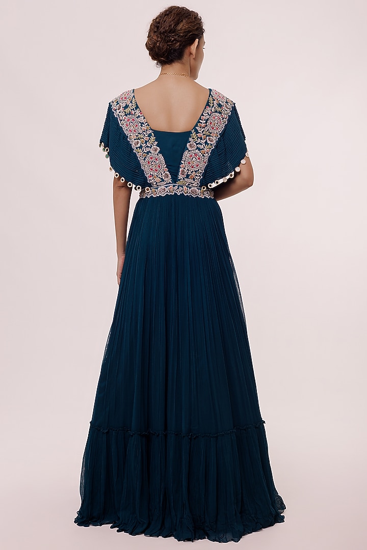 Teal Blue Georgette Embroidered Party Wear Gown by Onaya at Pernia's Pop Up Shop