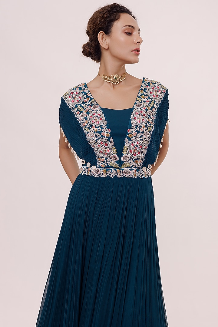 Teal Blue Georgette Embroidered Party Wear Gown by Onaya at Pernia's Pop Up Shop