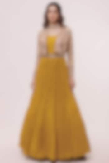 Yellow Georgette Party Wear Gown With Jacket by Onaya at Pernia's Pop Up Shop