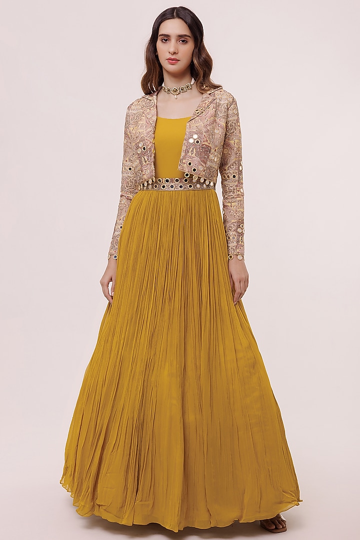 Yellow Georgette Party Wear Gown With Jacket by Onaya at Pernia's Pop Up Shop