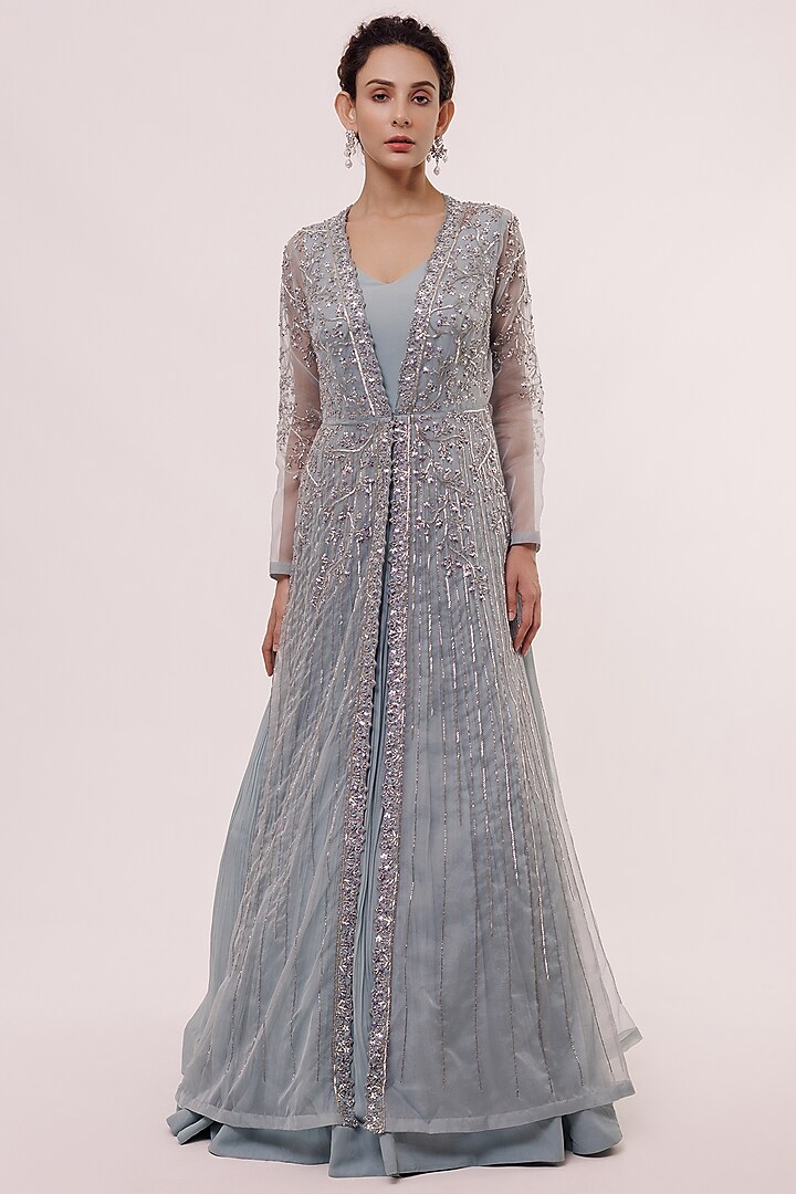 Blue Georgette Embellished Gown With Jacket by Onaya