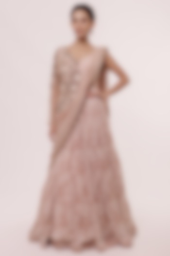 Pastel Pink Georgette Floral Printed Engagement Gown With Jacket by Onaya at Pernia's Pop Up Shop