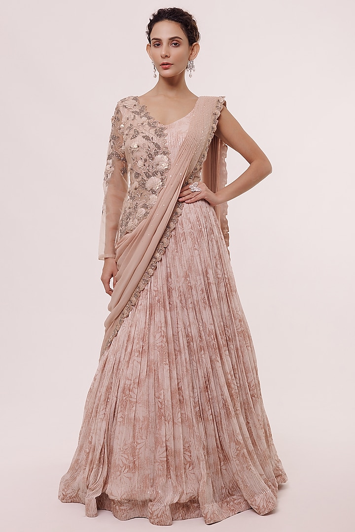 Pastel Pink Georgette Floral Printed Engagement Gown With Jacket by Onaya at Pernia's Pop Up Shop