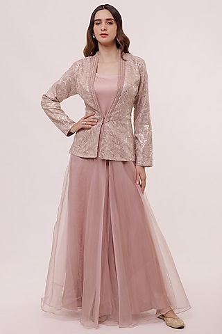 Onion Pink Chikankari Embellished Jacket With Jumpsuit by Onaya