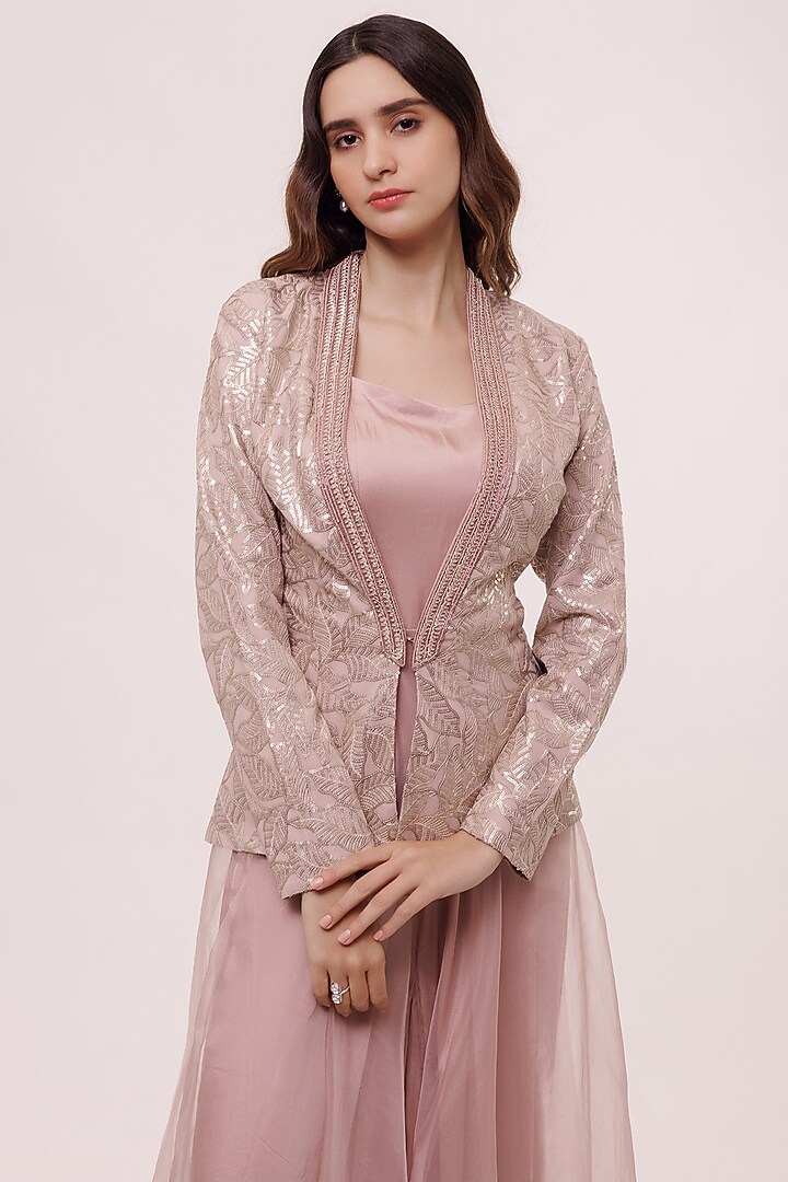Onion Pink Chikankari Embellished Jacket With Jumpsuit by Onaya at Pernia's Pop Up Shop