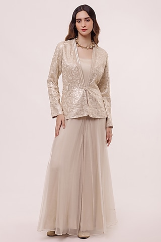 Ivory Chikankari Embellished Jacket With Jumpsuit by Onaya