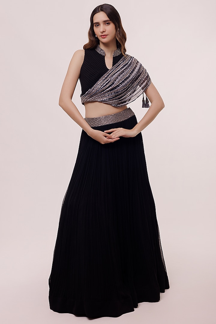Black Georgette A-line Skirt Set by Onaya