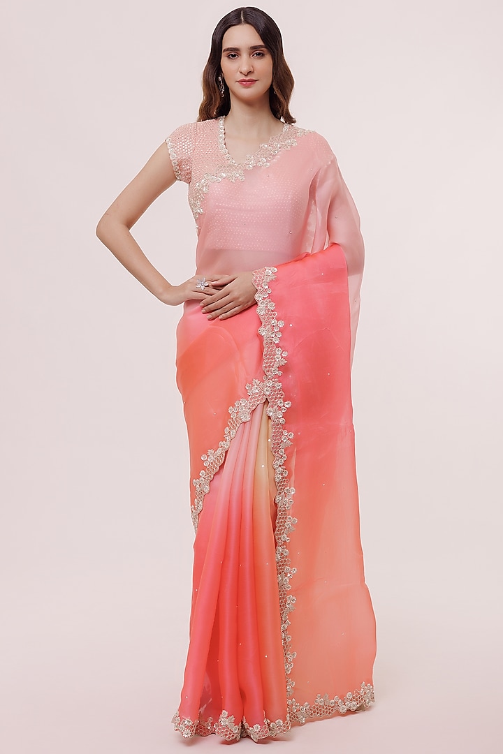 Coral Organza Embellished Saree Set by Onaya