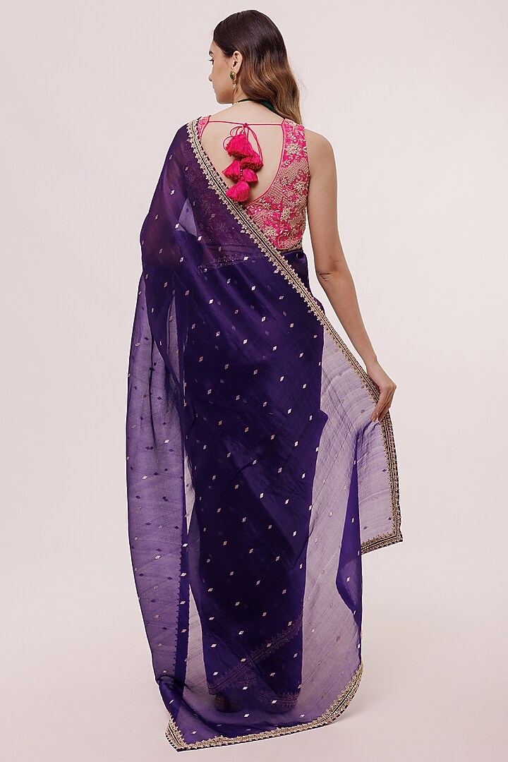 Dark Violet Organza Embellished Wedding Saree Set by Onaya at Pernia's Pop Up Shop