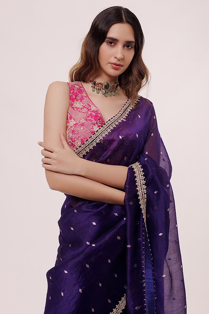 Dark Violet Organza Embellished Wedding Saree Set by Onaya at Pernia's Pop Up Shop