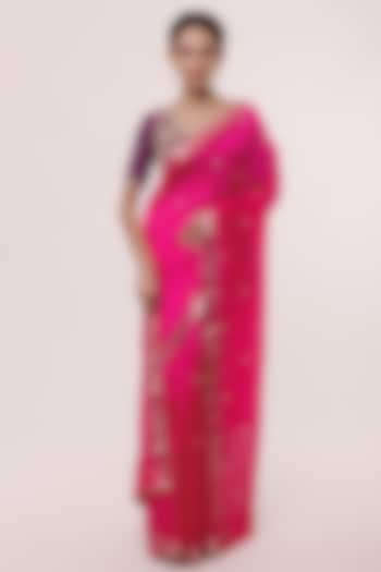 Bright Pink Handloom Embellished Saree Set by Onaya