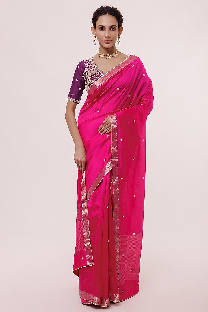 Bright Pink Handloom Embellished Saree Set by Onaya