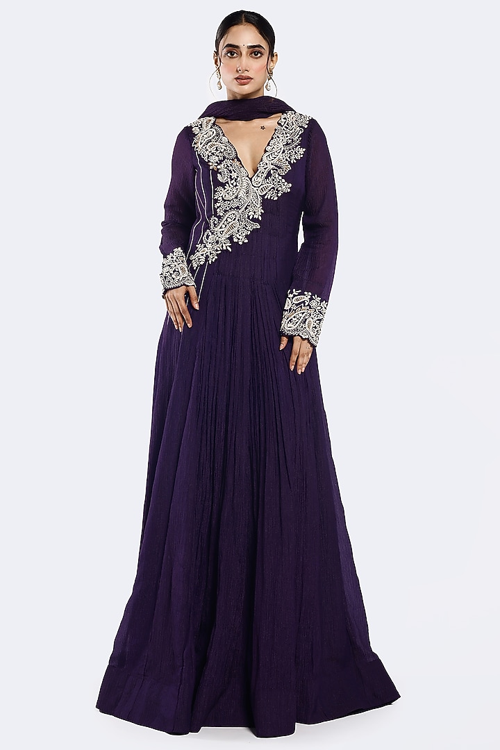 Purple Crush Fabric Dabka Embellished Party Wear Anarkali Set by Onaya at Pernia's Pop Up Shop