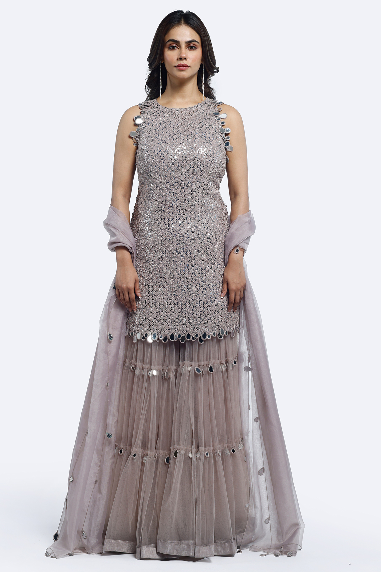Mauve Net Mirror Work Kurta Set by Onaya at Pernia's Pop Up Shop