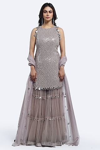 Mauve Net Mirror Work Kurta Set by Onaya