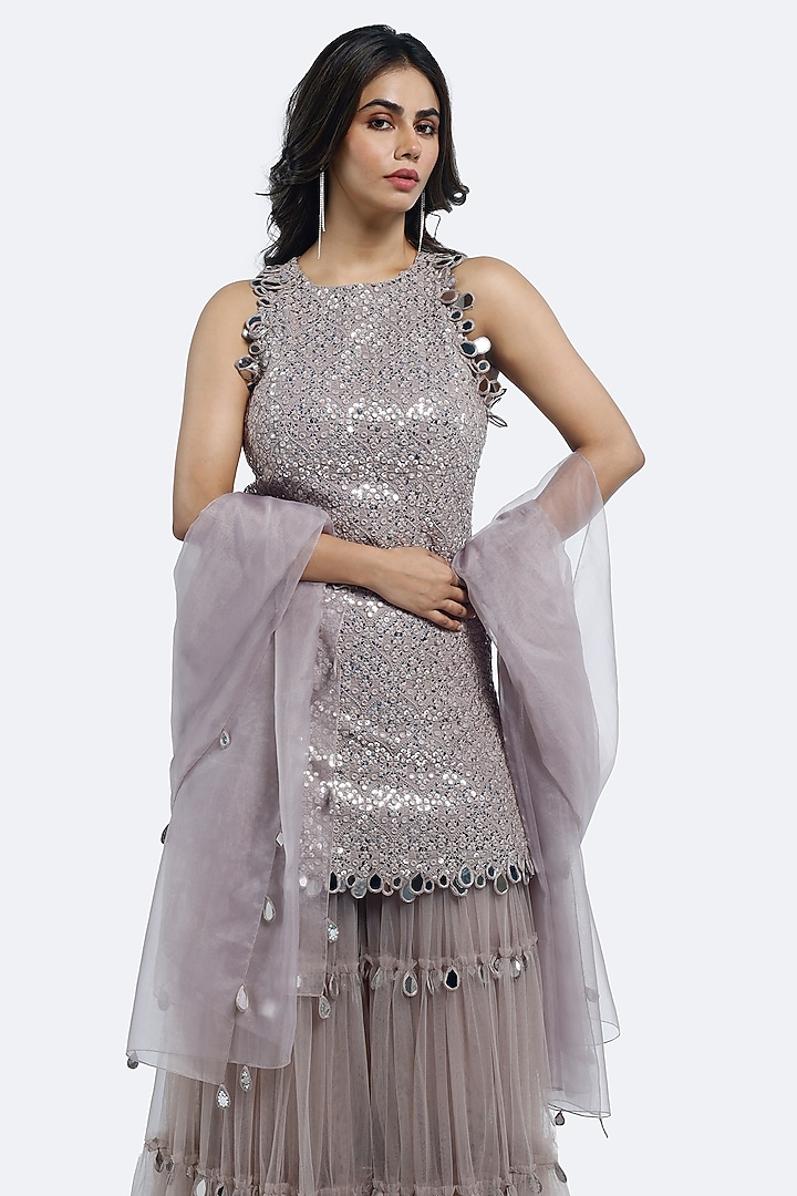 Mauve Net Mirror Work Kurta Set by Onaya at Pernia's Pop Up Shop