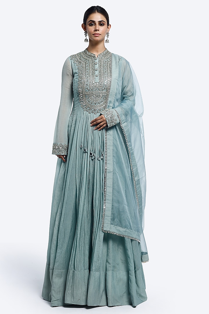 Blue Organza & Crush Fabric Mirror Work Party Wear Anarkali Set by Onaya at Pernia's Pop Up Shop
