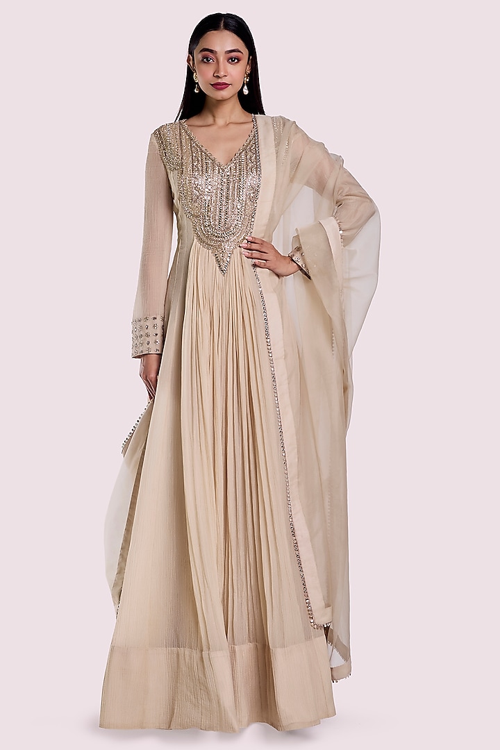 Off-White Organza & Crush Fabric Mirror Work Party Wear Anarkali Set by Onaya at Pernia's Pop Up Shop