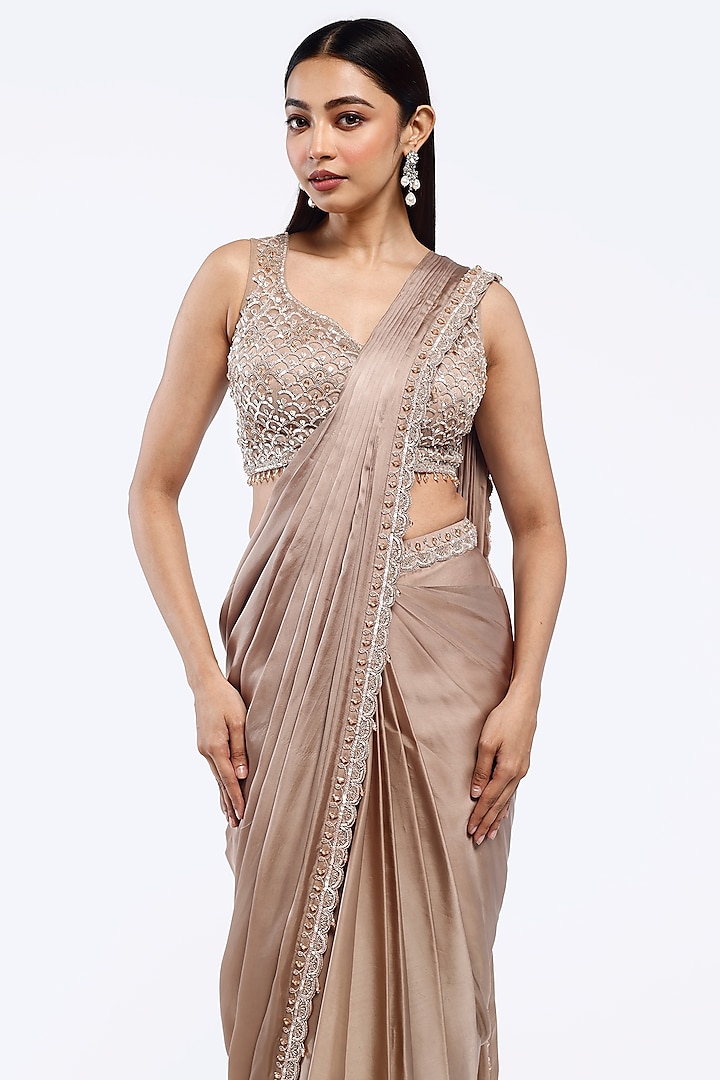 Brown Crepe Cutdana Embellished Draped Party Wear Saree Set by Onaya at Pernia's Pop Up Shop