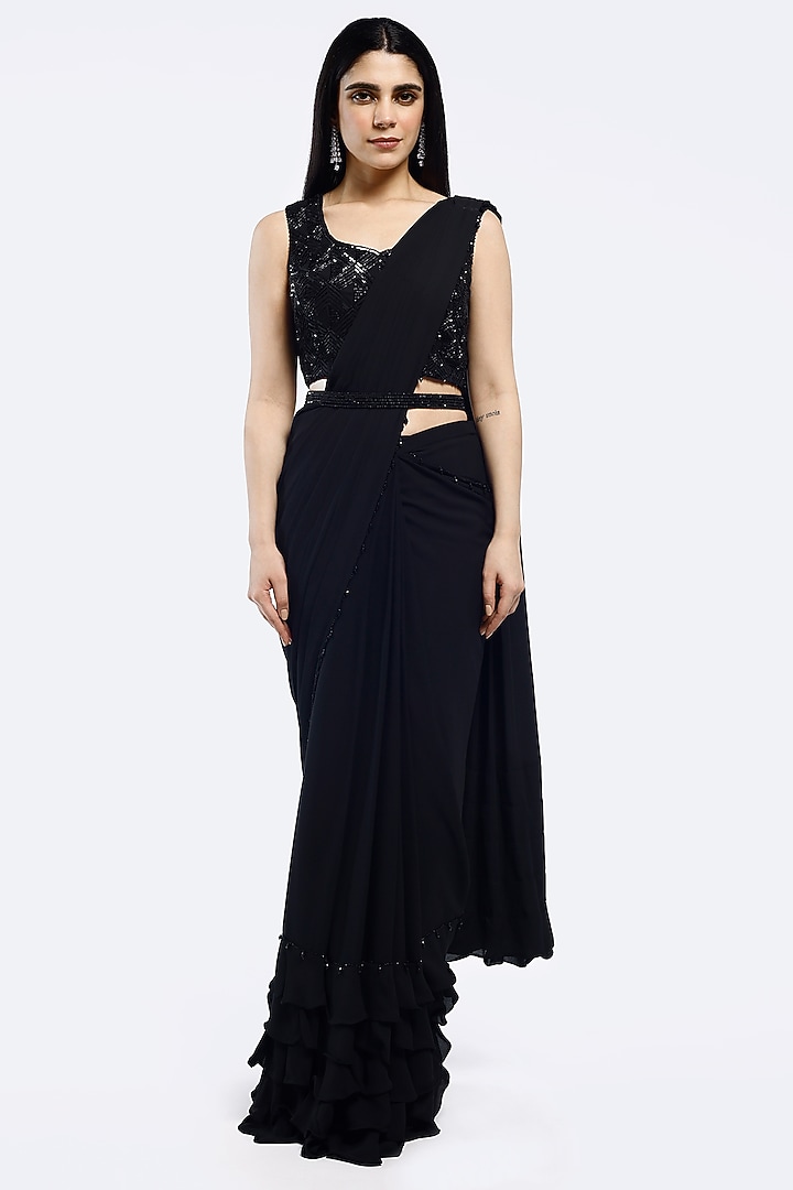 Black Georgette Cutdana Embellished Draped Party Wear Saree Set by Onaya at Pernia's Pop Up Shop