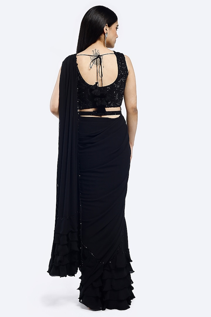 Black Georgette Cutdana Embellished Draped Party Wear Saree Set by Onaya at Pernia's Pop Up Shop