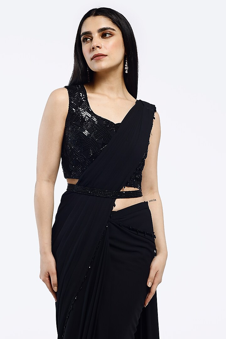 Black Georgette Cutdana Embellished Draped Party Wear Saree Set by Onaya at Pernia's Pop Up Shop