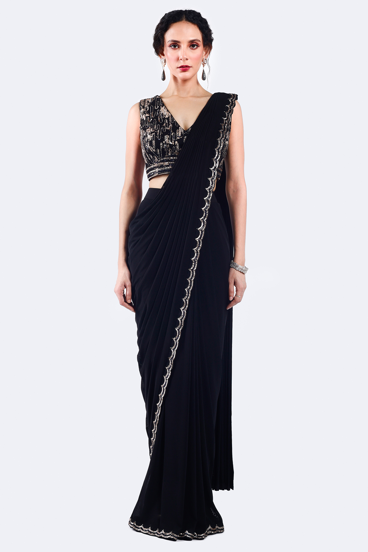 Black Lycra Net Cutdana Embellished Draped Party Wear Saree Set by Onaya at Pernia's Pop Up Shop
