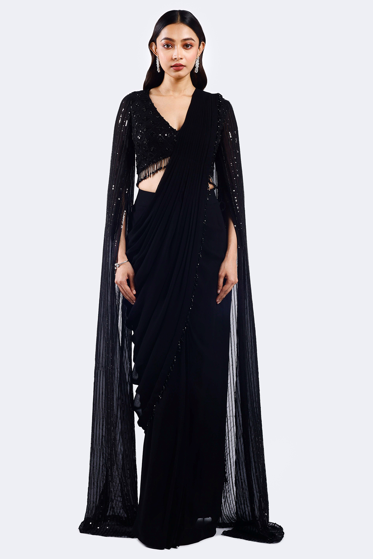 Black Georgette Bead Embellished Draped Party Wear Saree Set by Onaya at Pernia's Pop Up Shop