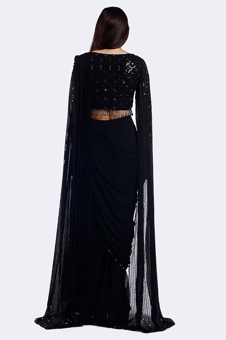 Black Georgette Bead Embellished Draped Party Wear Saree Set by Onaya at Pernia's Pop Up Shop
