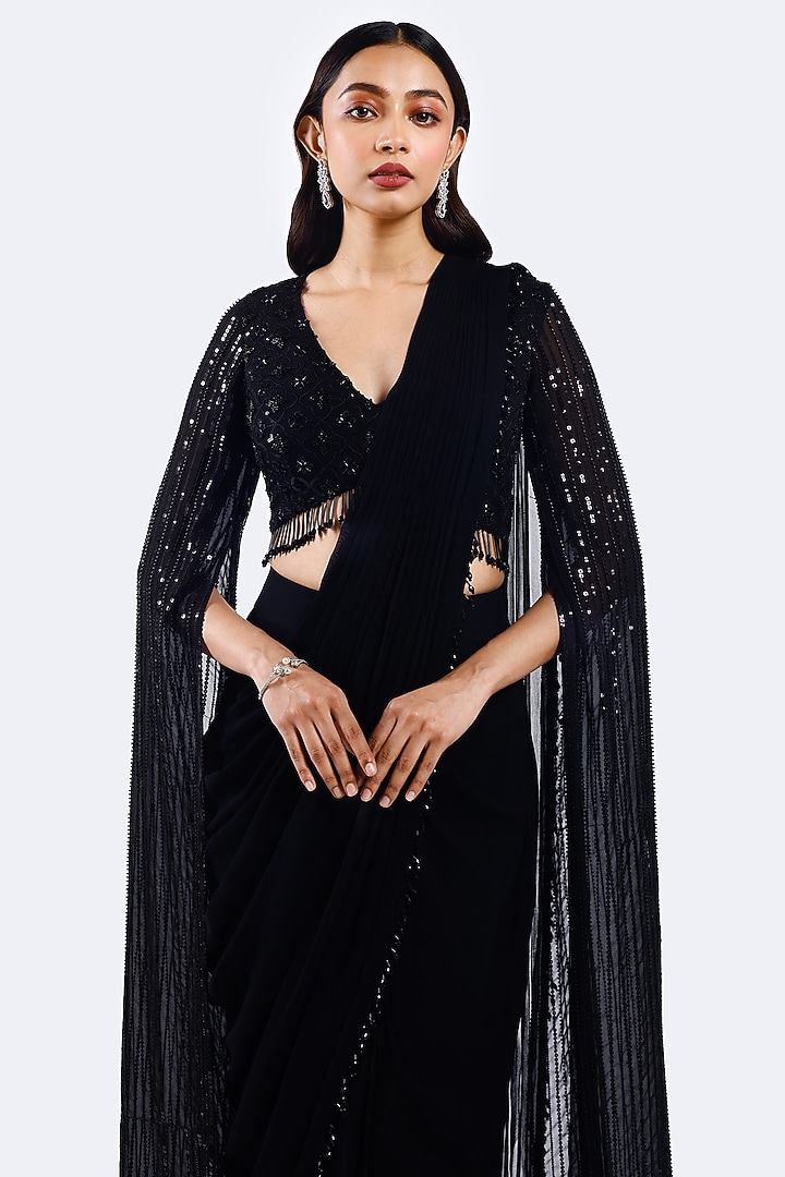 Black Georgette Bead Embellished Draped Party Wear Saree Set by Onaya at Pernia's Pop Up Shop