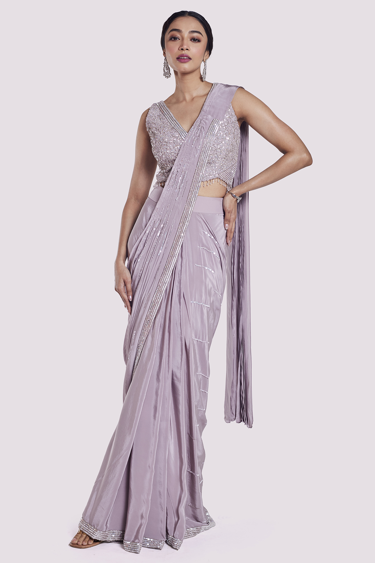 Dusty Onion Crepe Cutdana Embellished Draped Party Wear Saree Set by Onaya at Pernia's Pop Up Shop