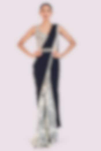 Off-White & Black Georgette Floral Draped Party Wear Saree Set by Onaya at Pernia's Pop Up Shop